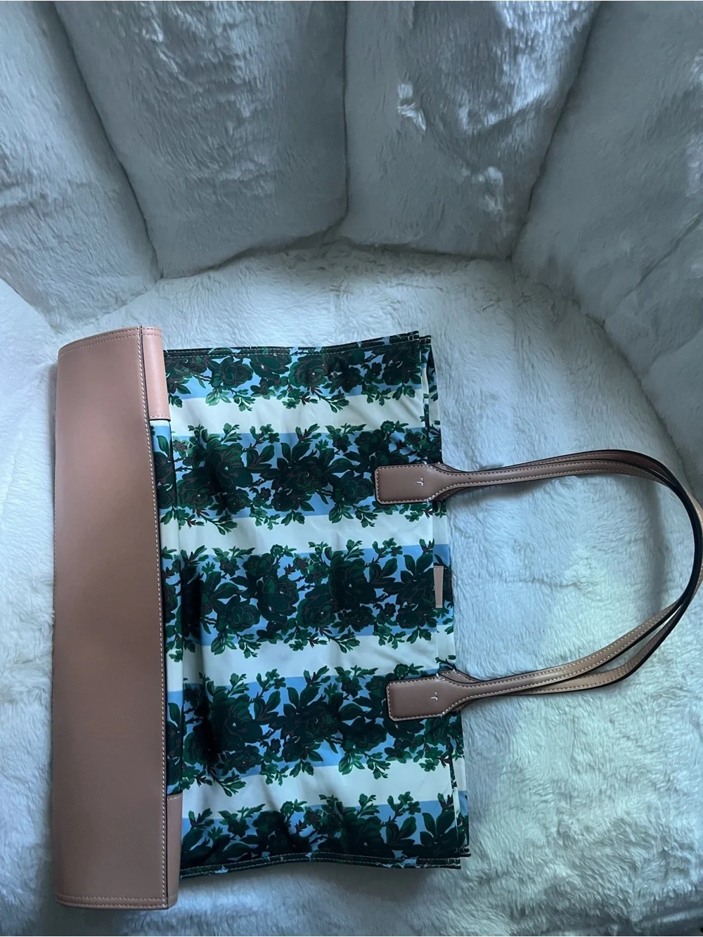 Tory Burch Floral Logo Tote in Beige and Green